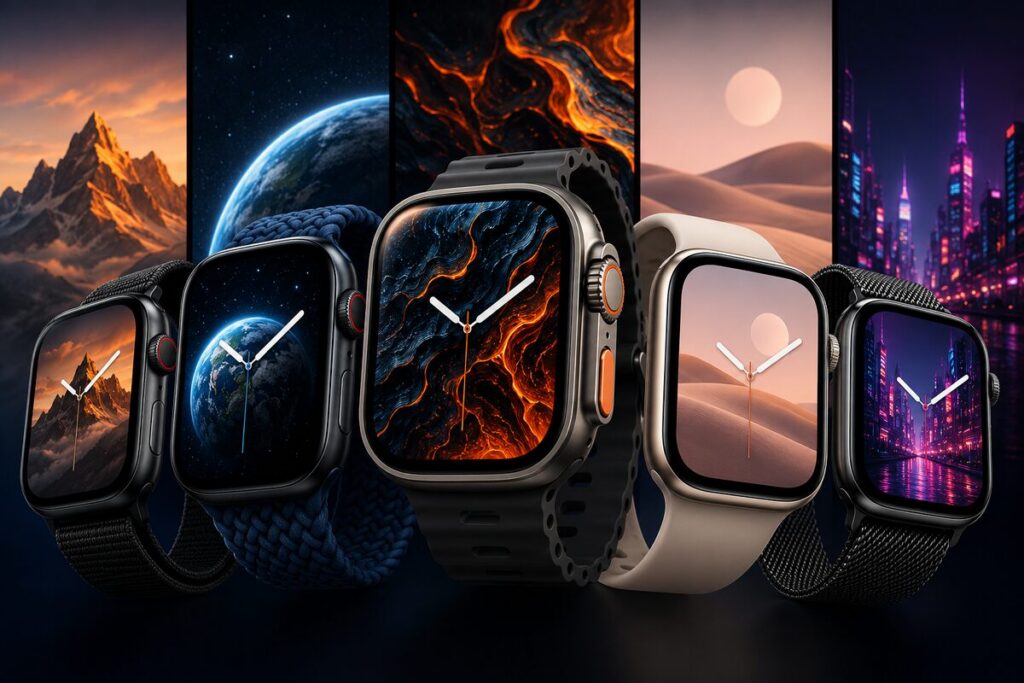 apple watch wallpaper ideas - five watches showing different wallpaper styles