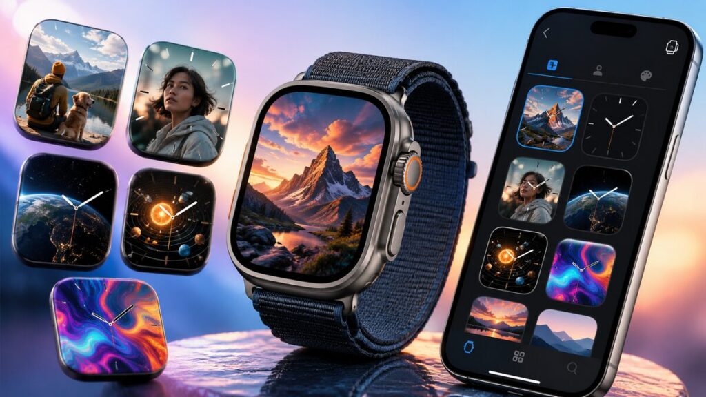 How to change Apple Watch wallpaper - WatchWalls AI app showing custom watch faces and wallpaper generator