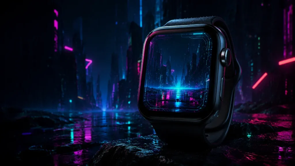 Apple Watch cyberpunk wallpaper with neon city dark rain reflections