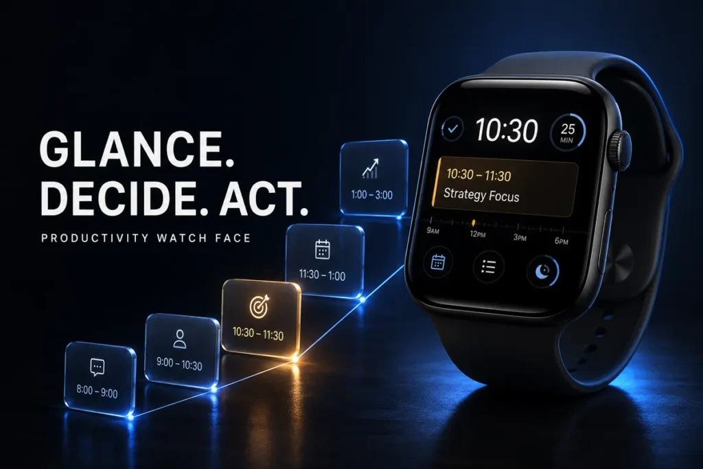 Apple Watch productivity face with calendar schedule and focus mode