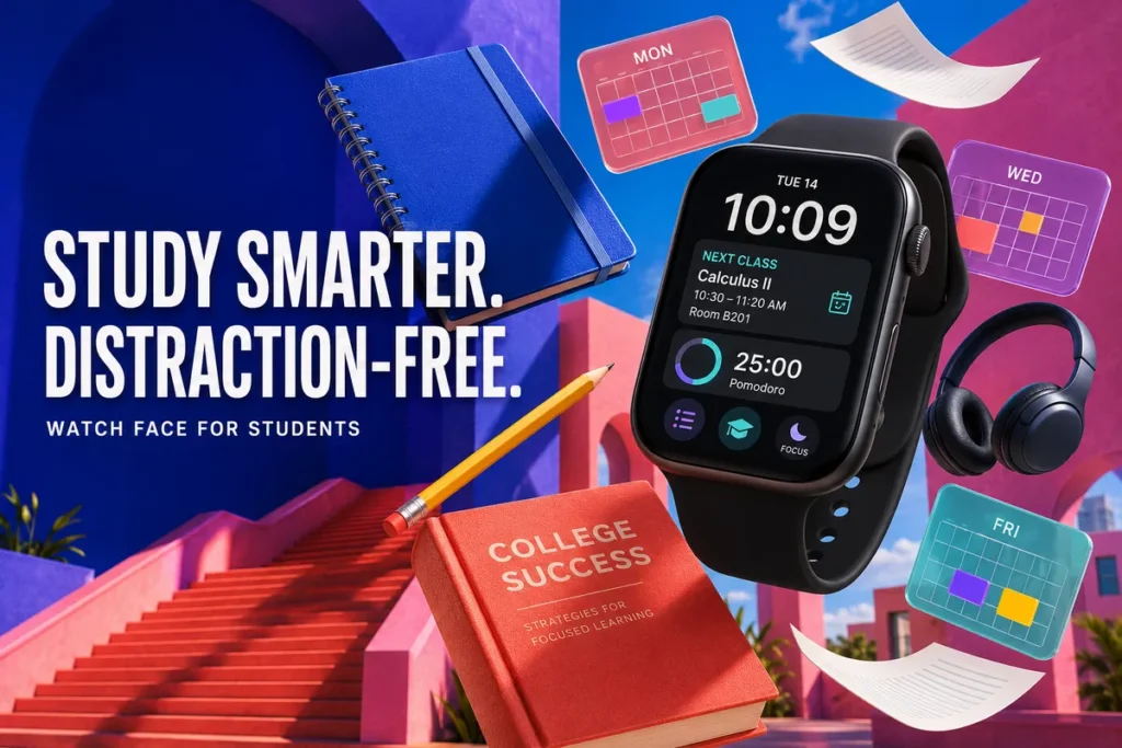 Apple Watch student face with class schedule Pomodoro timer and study focus mode