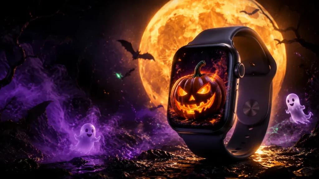 Apple Watch Halloween wallpaper with glowing pumpkin ghost bat and spooky moon