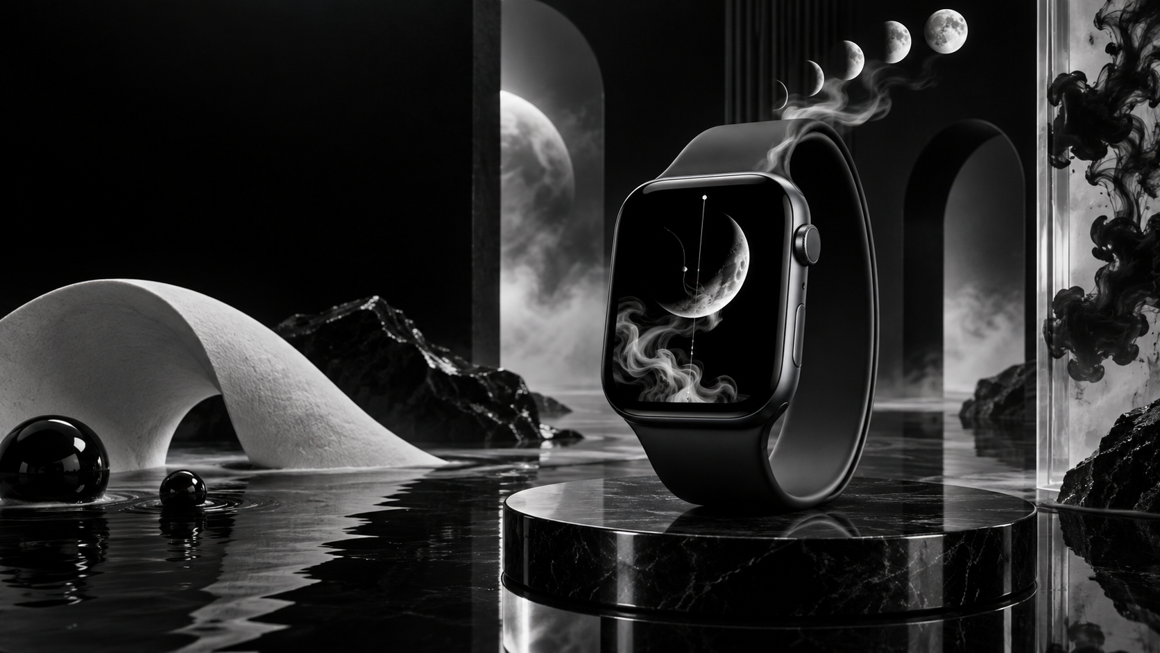 Apple Watch monochrome wallpaper black white moon phases smoke
