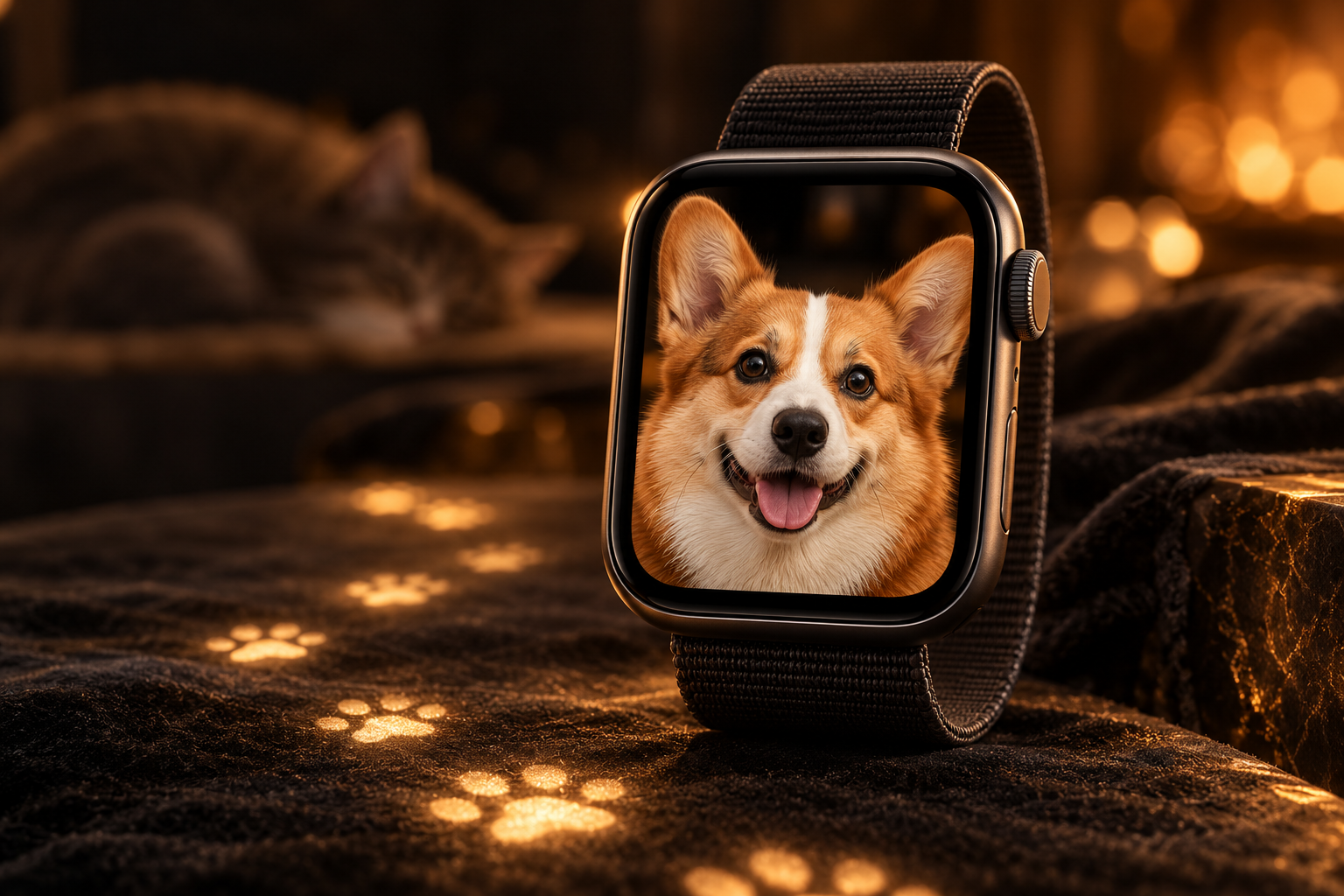 Apple Watch pet wallpaper corgi dog face on dark background