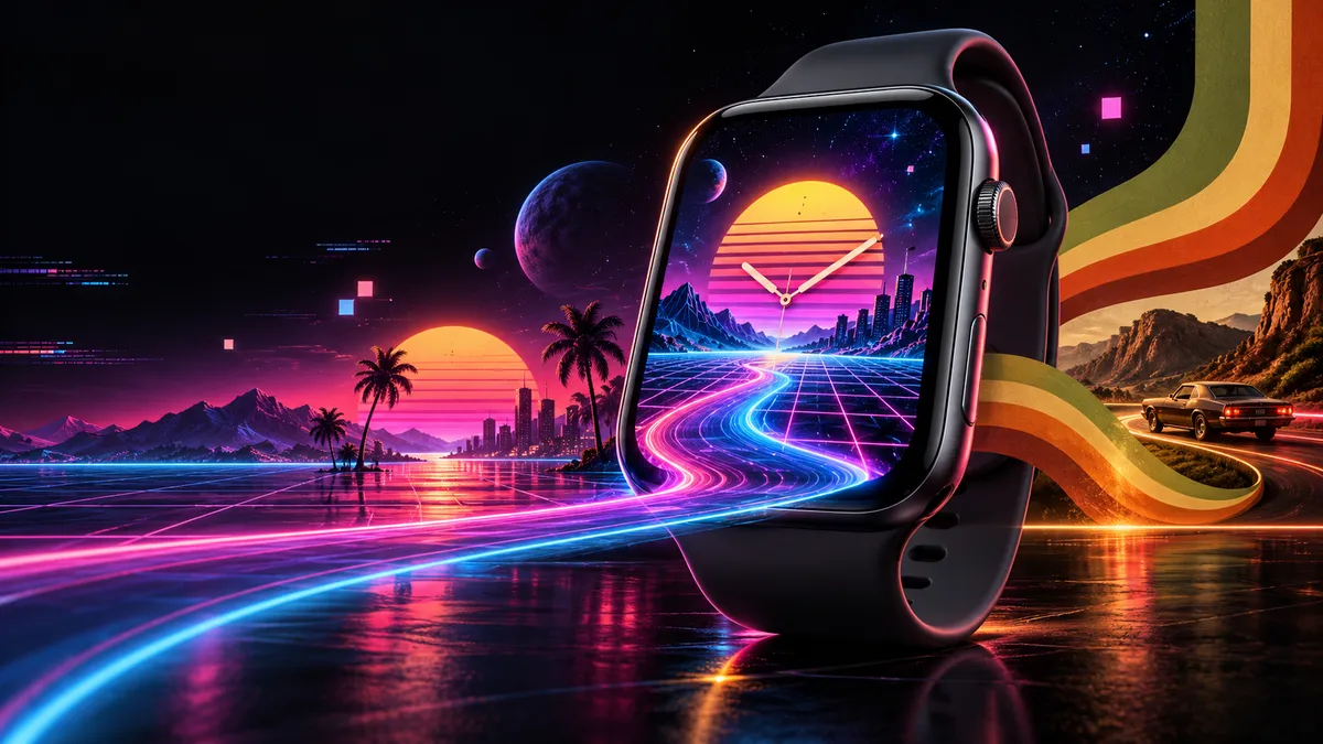 Apple Watch retro wallpaper synthwave neon sunset palm trees