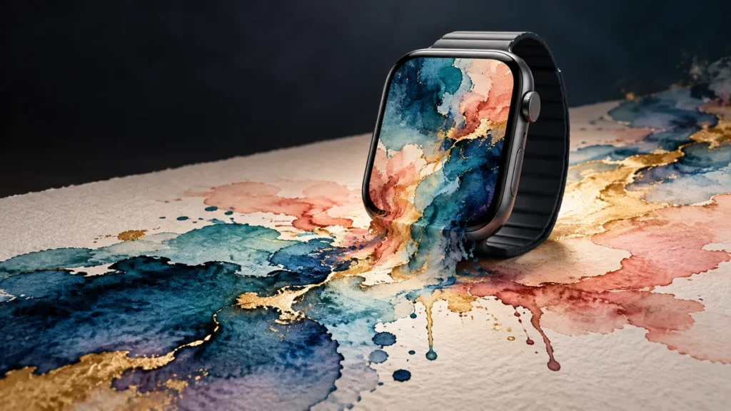 Apple Watch watercolor wallpaper artistic paint splash blue gold design
