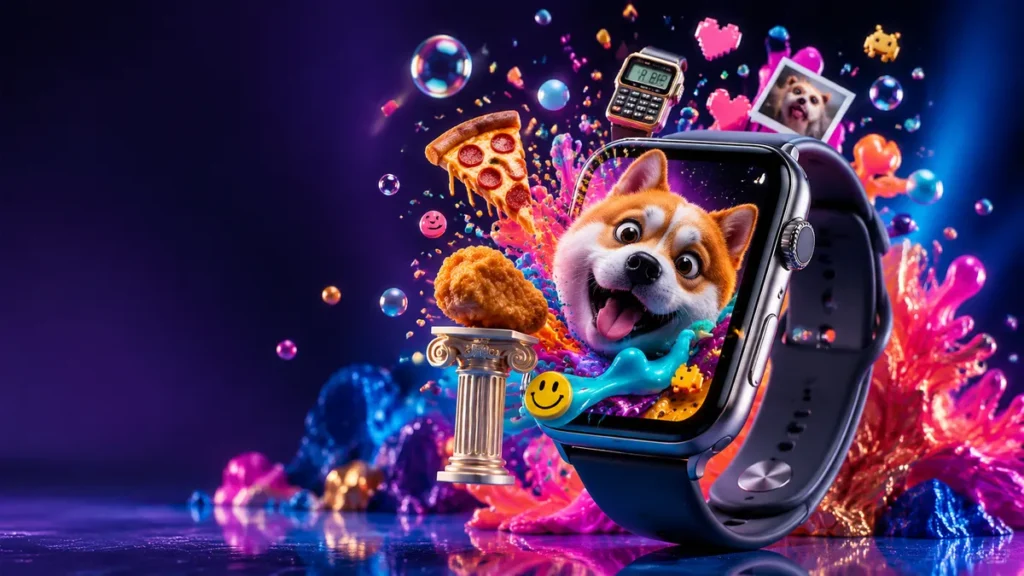 Funny Apple Watch wallpaper with meme dog pizza emoji and hilarious designs