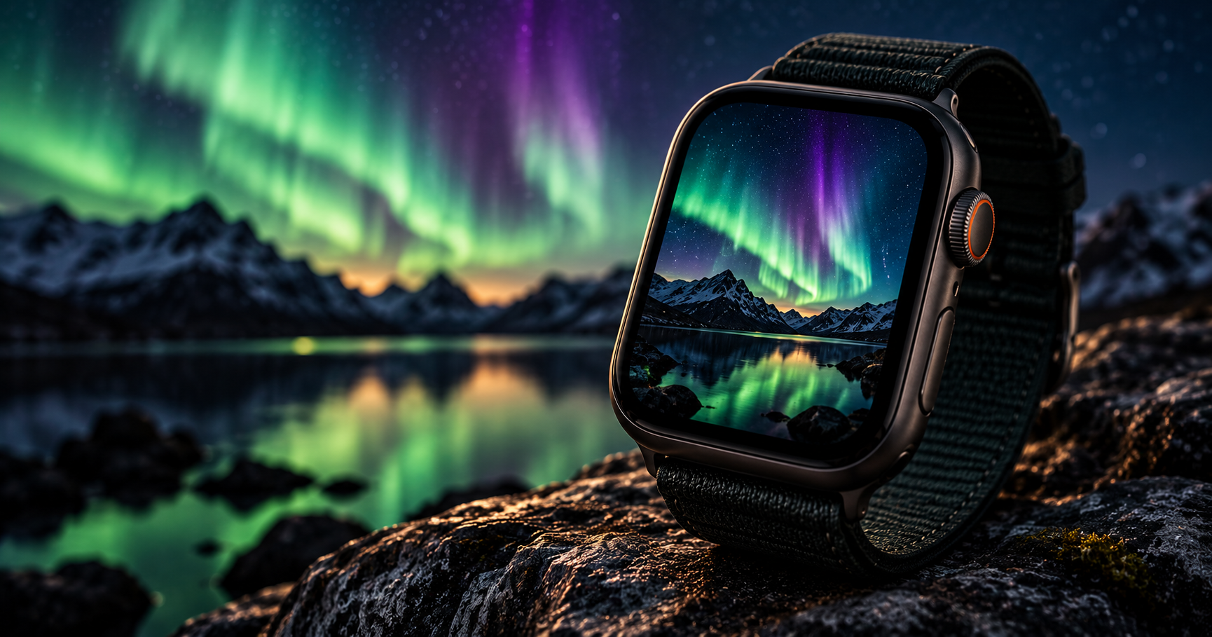 Apple Watch with aurora borealis wallpaper on rocky shore with northern lights reflecting in water