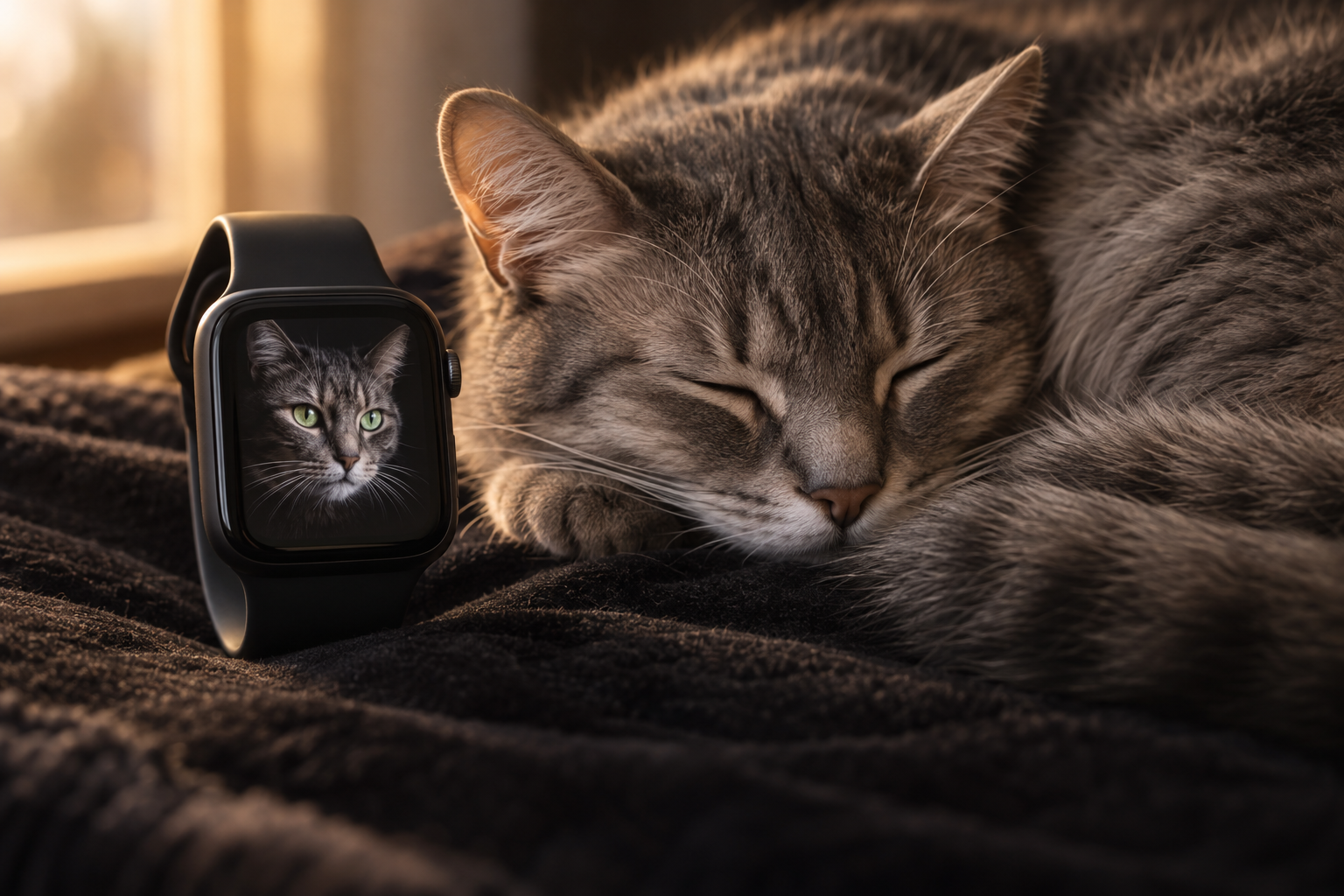 Apple Watch with cat portrait wallpaper beside sleeping grey tabby cat in warm window light
