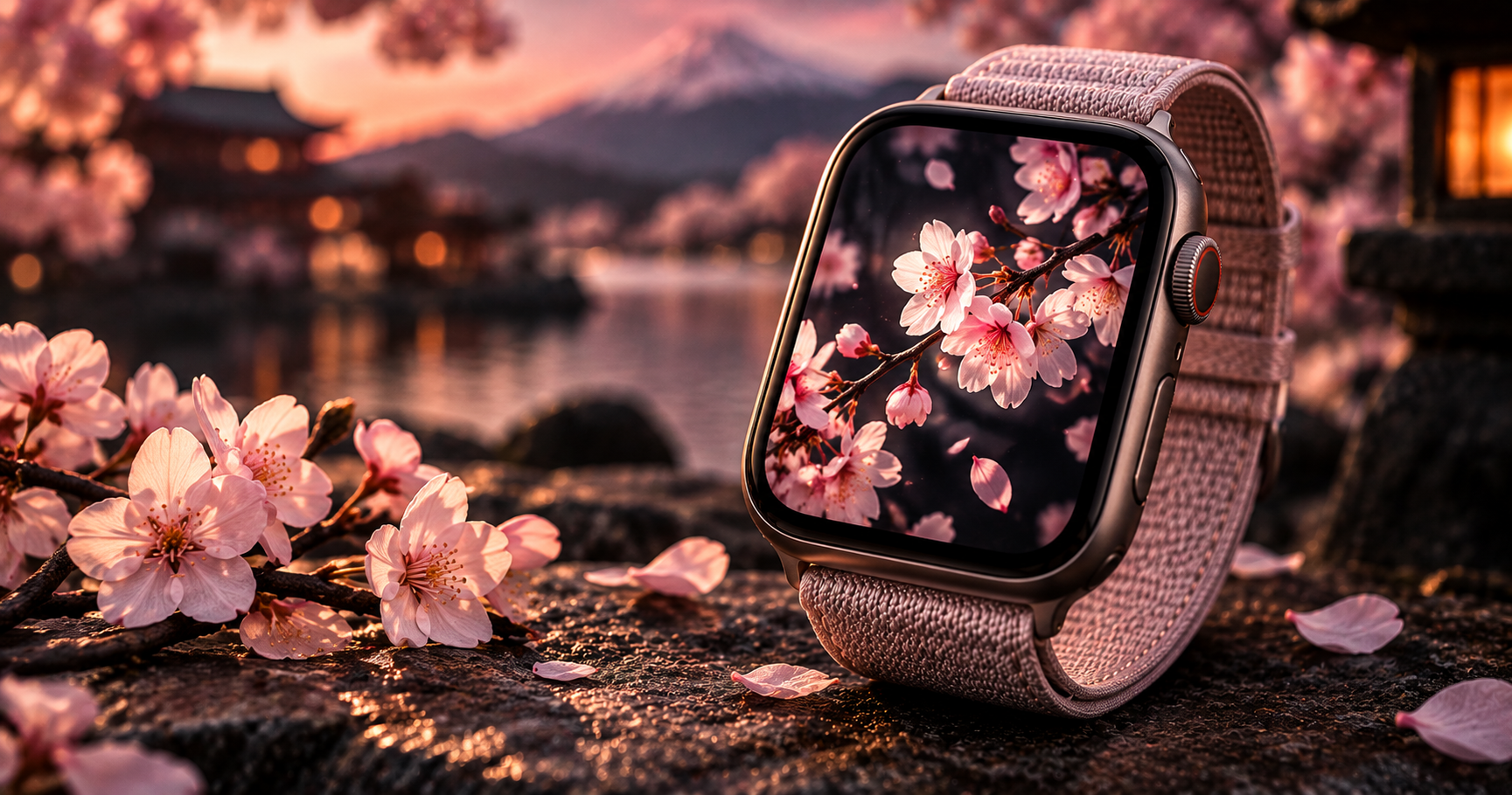 Apple Watch with cherry blossom sakura wallpaper among pink petals with Mount Fuji at sunset