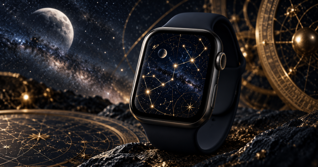 Apple Watch with gold constellation wallpaper among celestial rings and moon in cosmic setting
