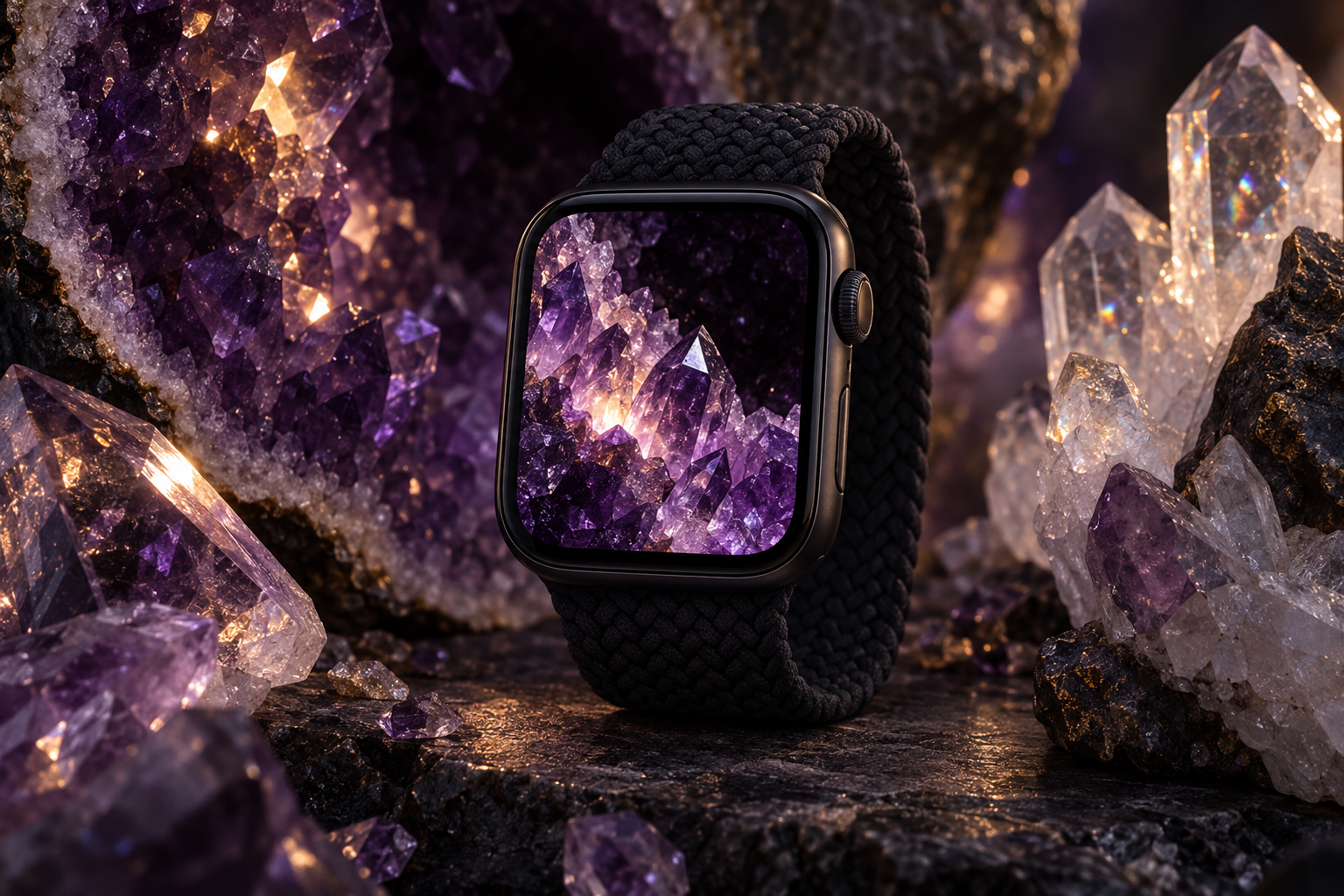 Apple Watch with amethyst crystal wallpaper surrounded by purple and clear quartz formations on dark stone