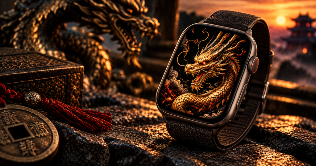 Apple Watch with golden dragon wallpaper beside dragon statue coin and temple at sunset