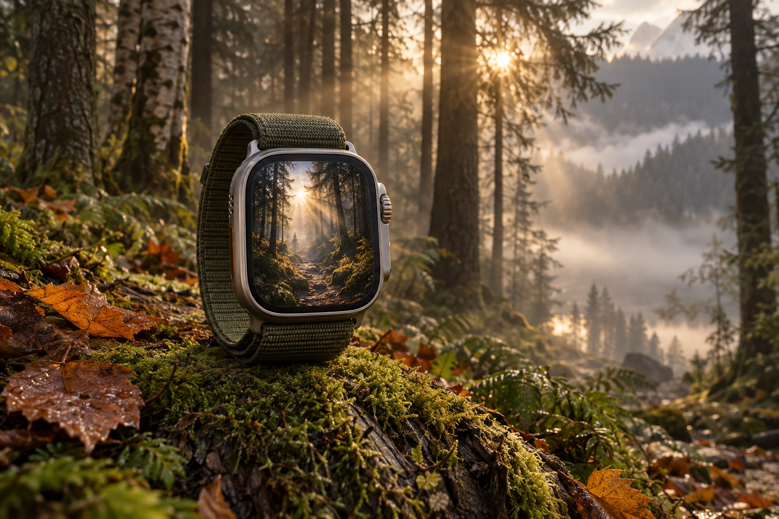 Apple Watch with misty forest wallpaper on Alpine Loop band among moss golden light and autumn leaves