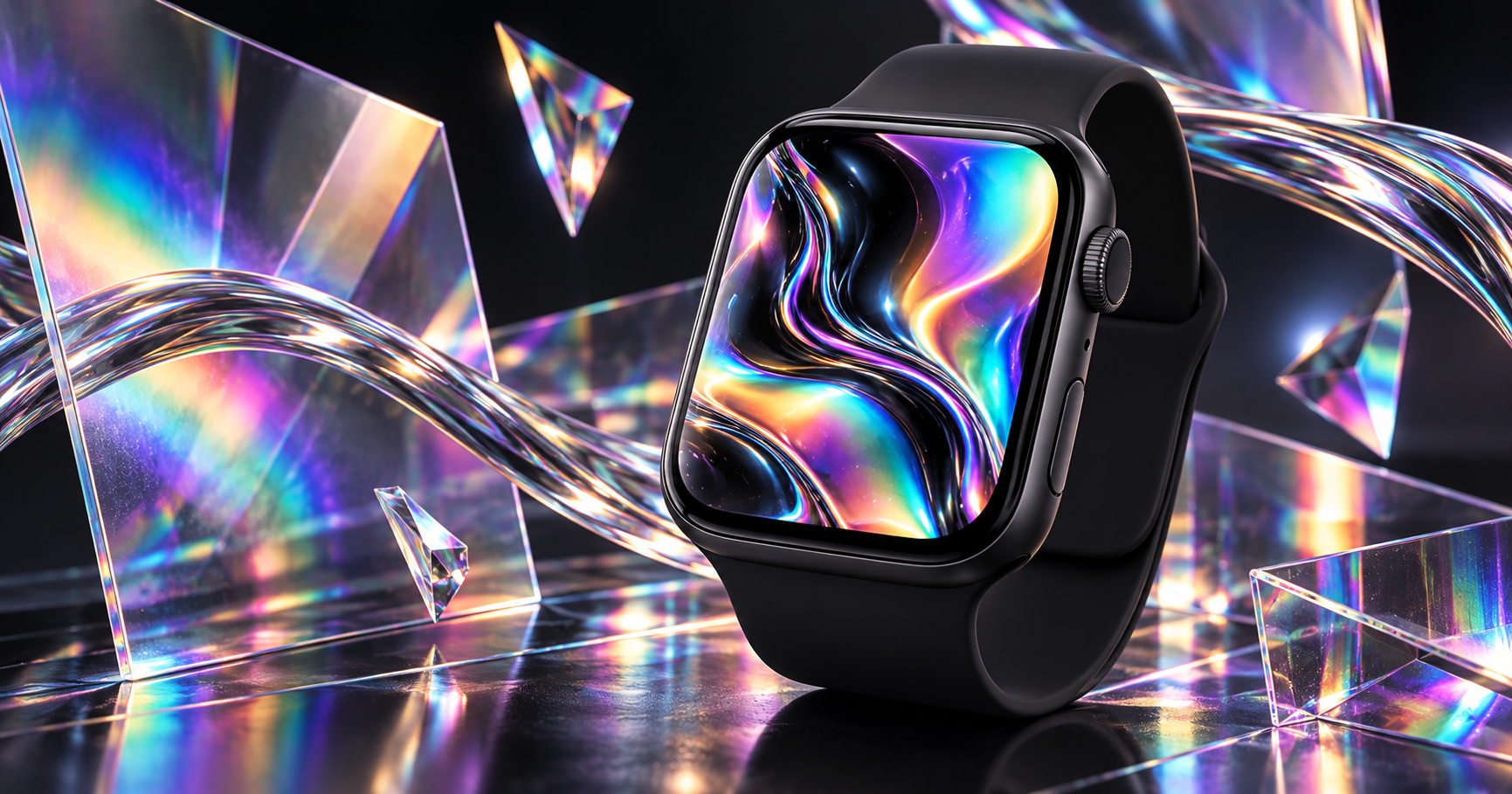 Apple Watch with holographic chrome wallpaper among prismatic glass shapes with rainbow reflections