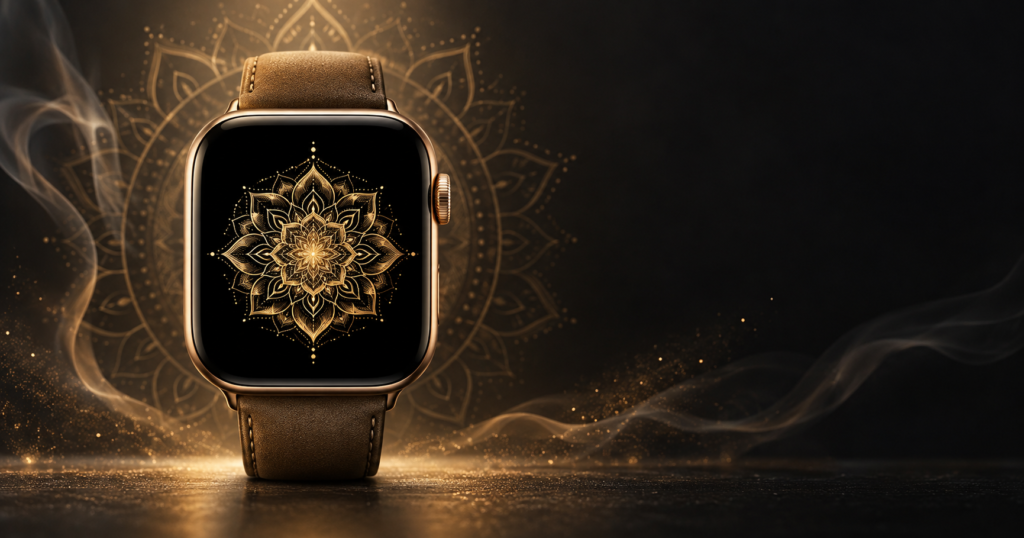 Apple Watch with gold mandala wallpaper on leather band with golden light and incense smoke