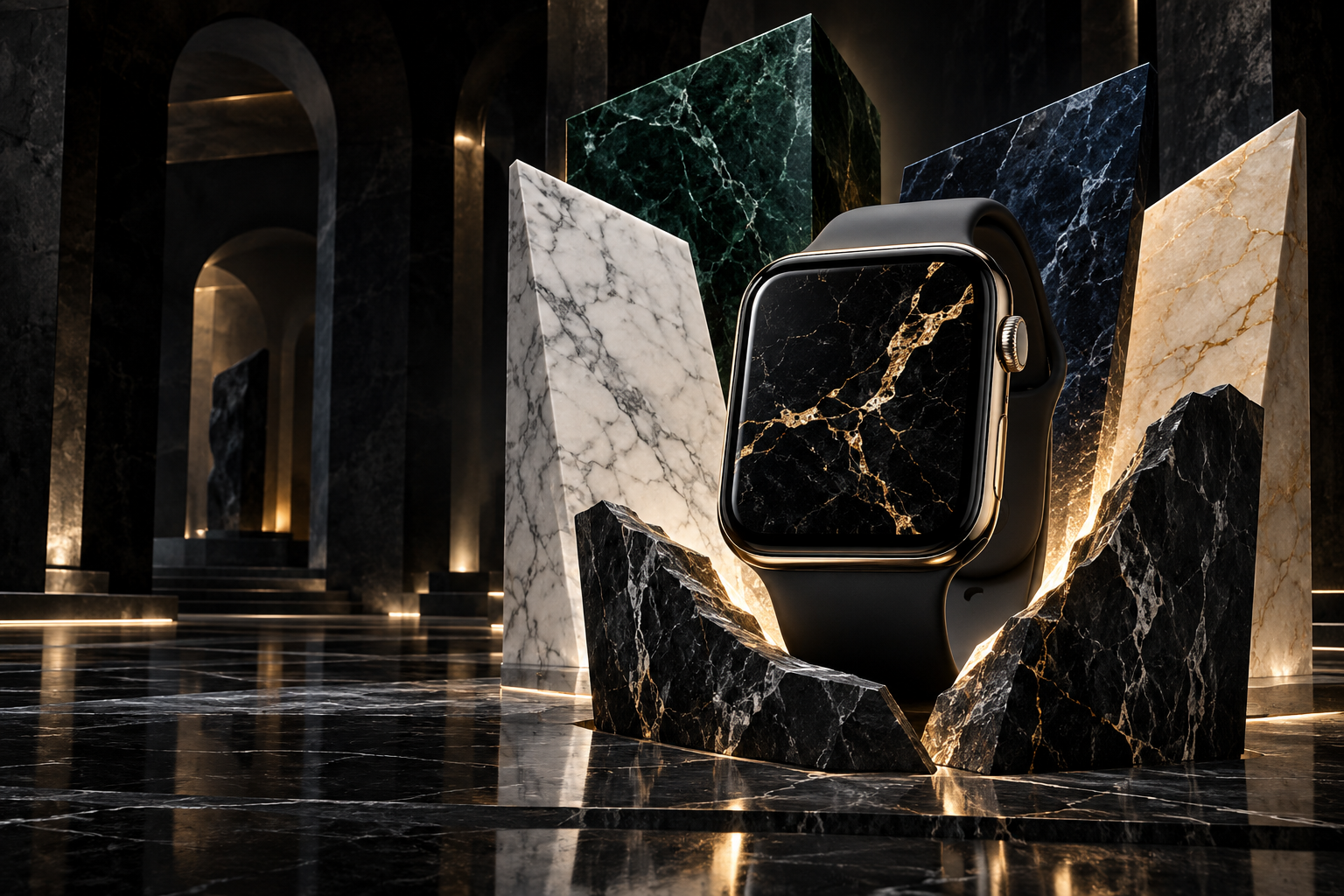 Apple Watch with gold-veined marble wallpaper displayed among marble slabs in luxury gallery
