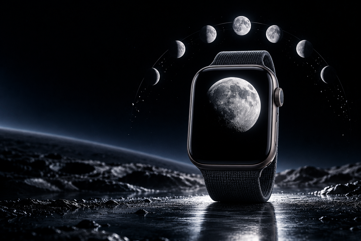 Apple Watch with full moon on screen and moon phases arc on dark lunar surface