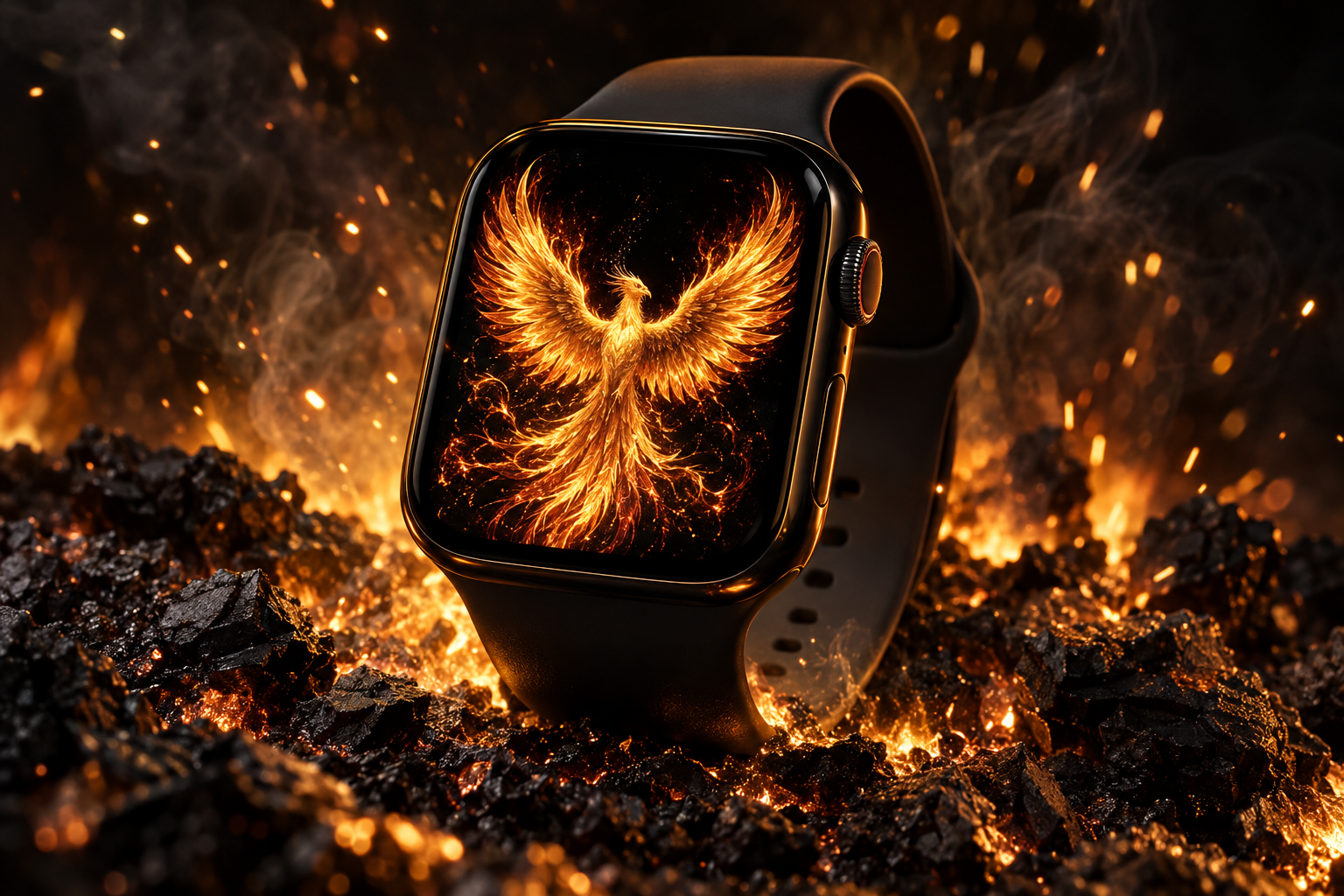 Apple Watch with golden phoenix wallpaper surrounded by fire sparks and glowing embers on dark surface