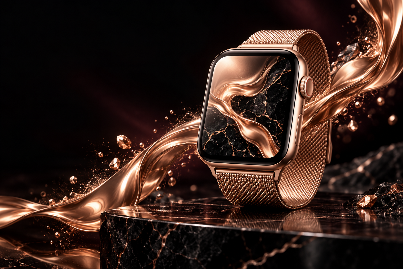 Rose gold Apple Watch with marble wallpaper and Milanese Loop band on dark background