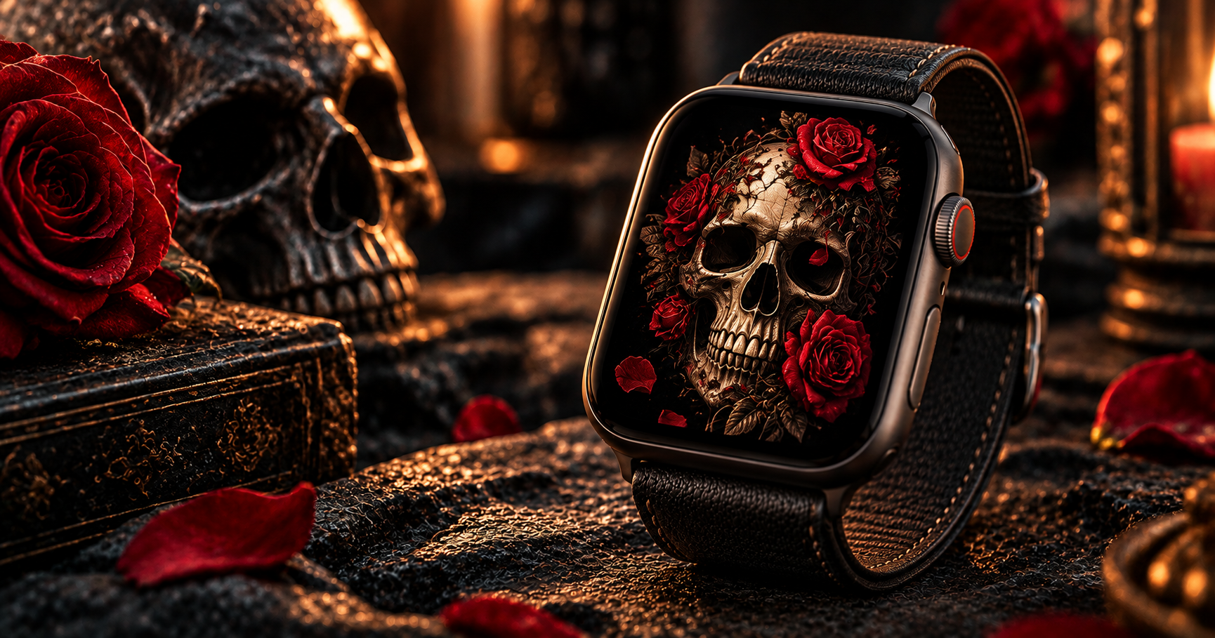 Apple Watch with floral skull wallpaper surrounded by red roses and gothic decor on dark background