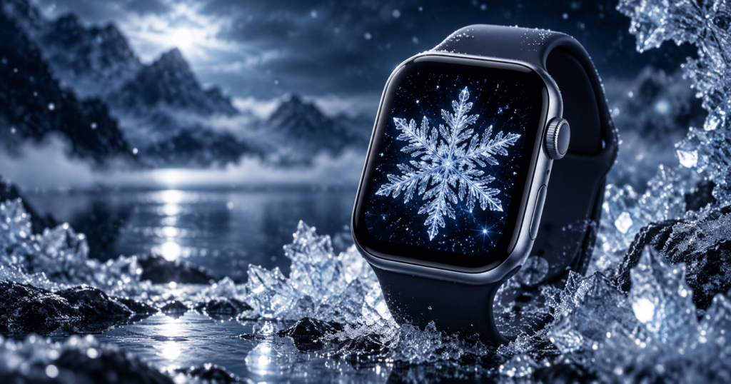Apple Watch with crystal snowflake wallpaper among ice crystals frozen lake and winter mountains