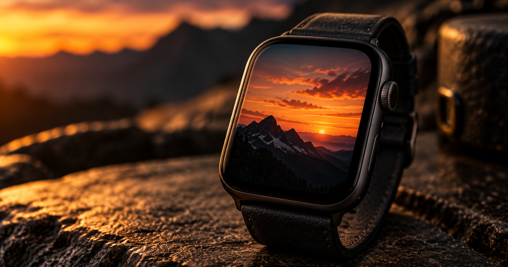 Apple Watch with mountain sunset wallpaper on rocky surface at golden hour