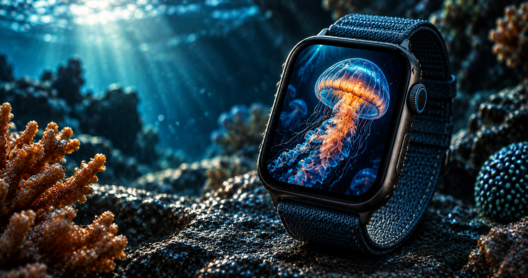 Apple Watch with glowing jellyfish underwater wallpaper on Ocean Band among coral reef with light rays