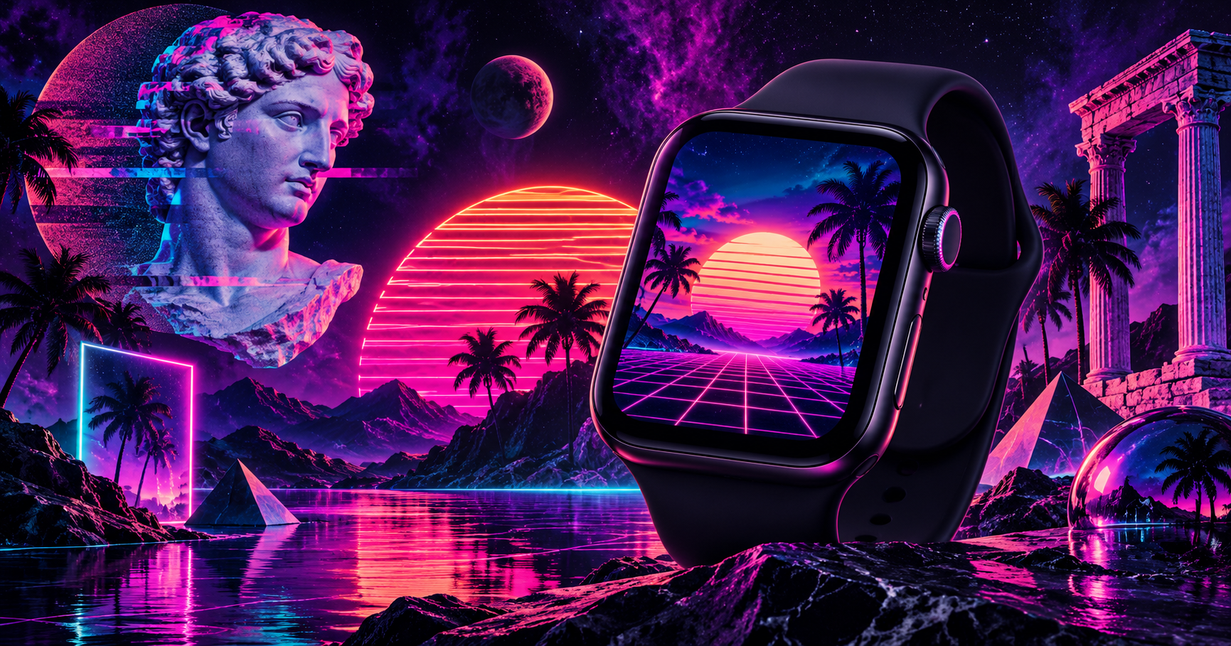 Apple Watch with vaporwave sunset wallpaper among Greek bust palm trees neon grid and pyramids