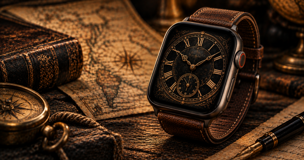 Apple Watch with vintage analog clock face wallpaper on leather band among old map compass and pen
