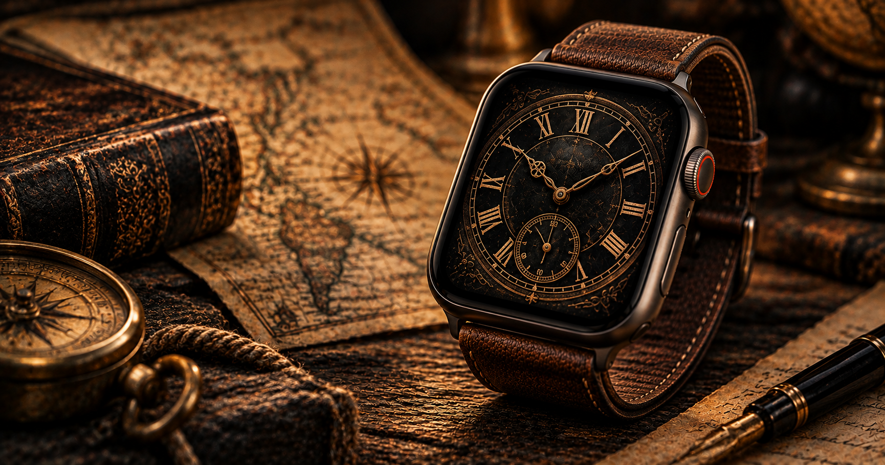 Apple Watch with vintage analog clock face wallpaper on leather band among old map compass and pen