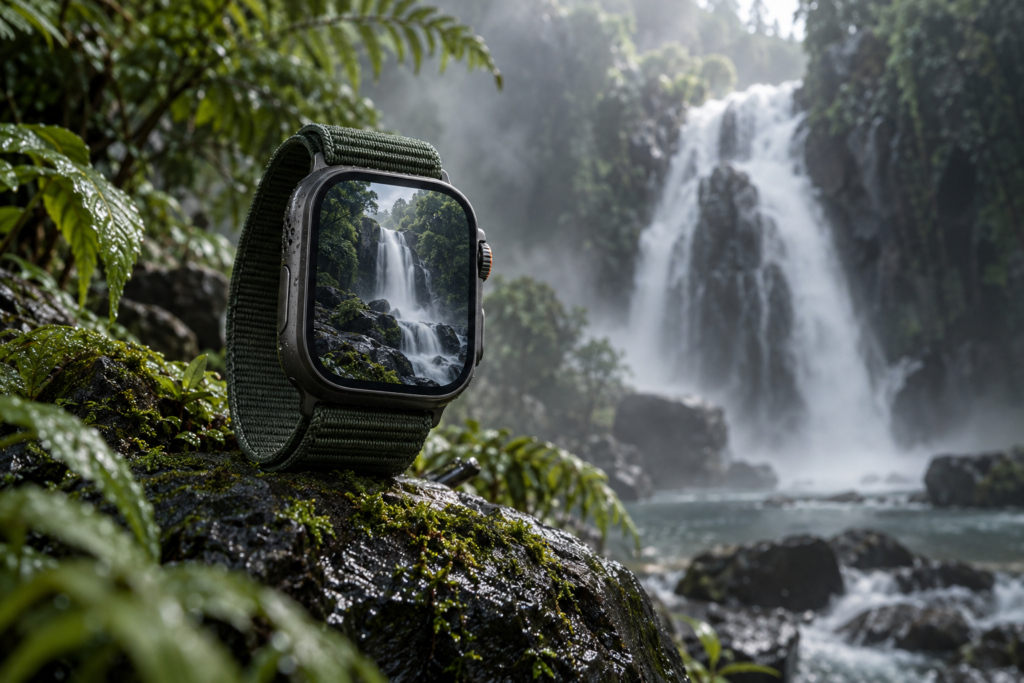 Apple Watch with waterfall wallpaper on mossy rock beside tropical cascade with mist and ferns