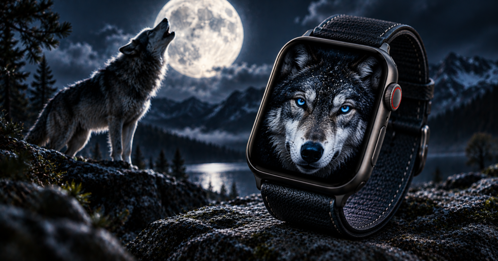 Apple Watch with wolf portrait wallpaper beside howling wolf under full moon in mountains