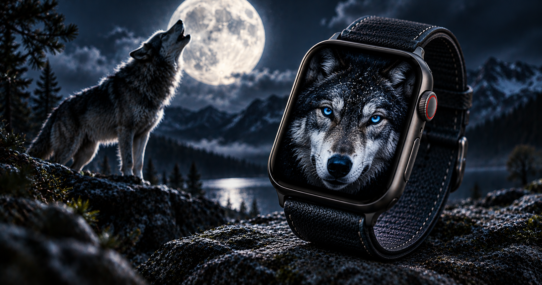 Apple Watch with wolf portrait wallpaper beside howling wolf under full moon in mountains