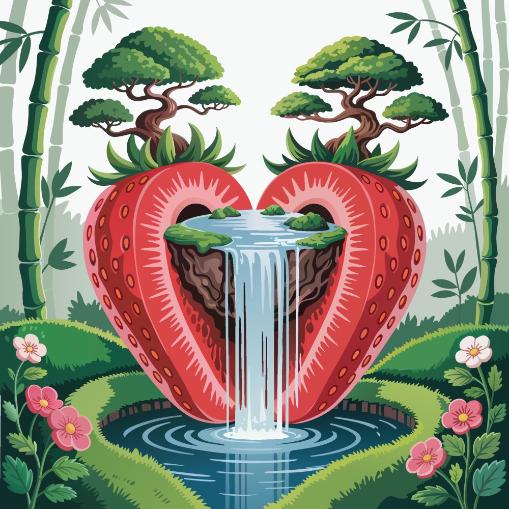 Fantasy strawberry waterfall illustration Apple Watch wallpaper